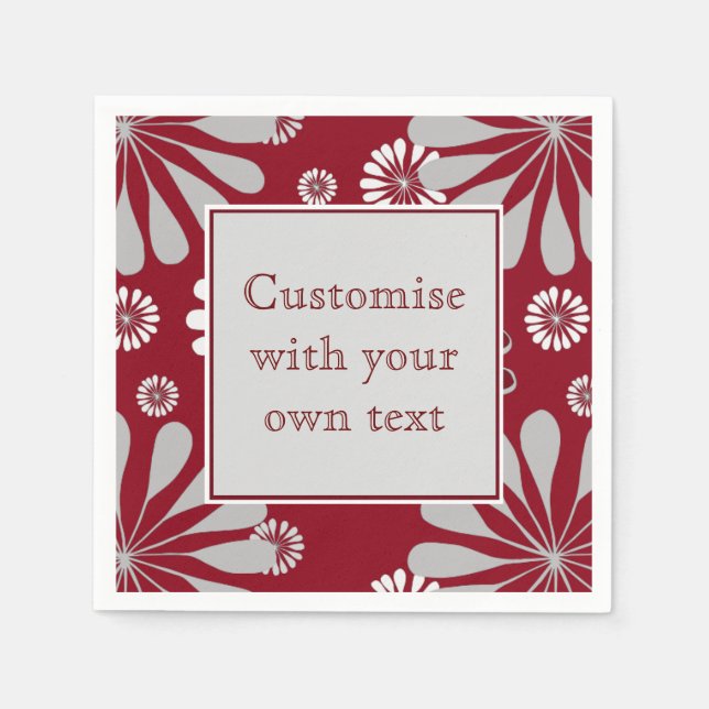 Burgundy and Grey Floral Custom Text Napkins (Front)