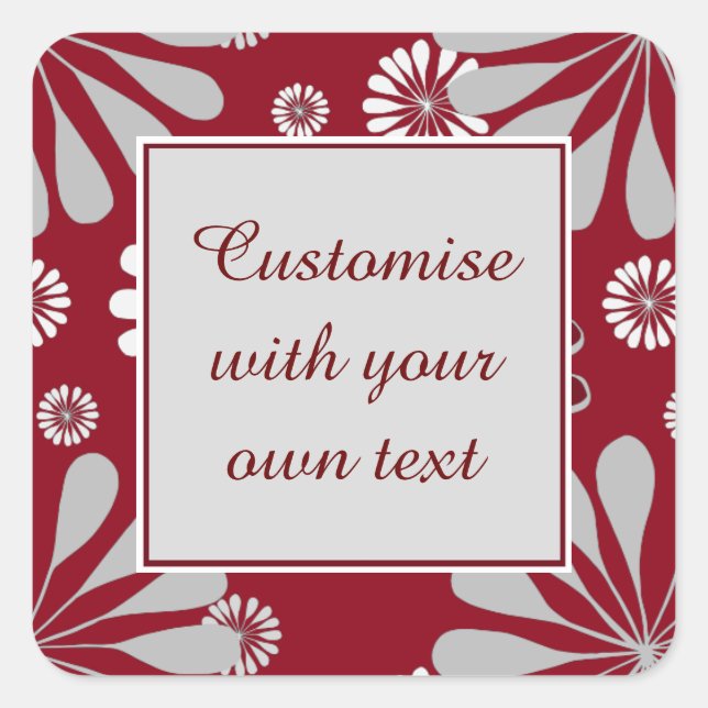 Burgundy and Grey Floral Custom Text  Square Sticker (Front)