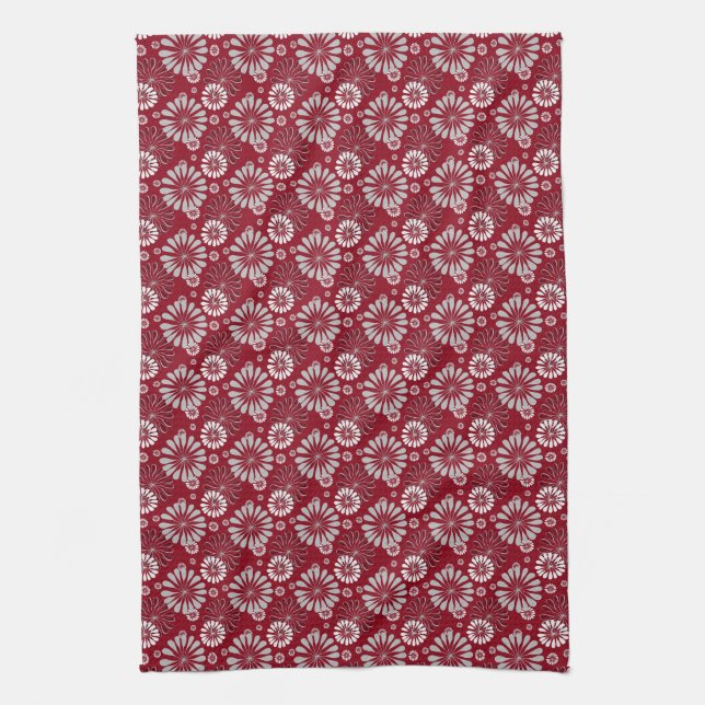 Burgundy and Grey Floral Kitchen Towel (Vertical)