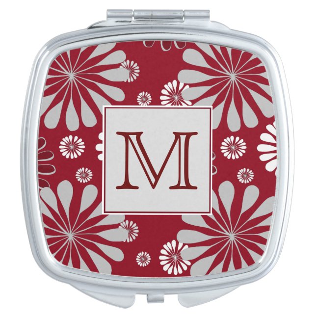 Burgundy and Grey Floral Monogram Compact Mirror (Front)