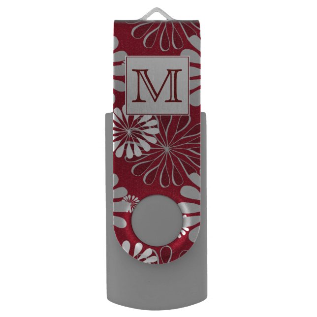 Burgundy and Grey Floral Monogram Flash Drive (Front Vertical)