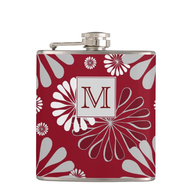 Burgundy and Grey Floral Monogram Flask (Front)