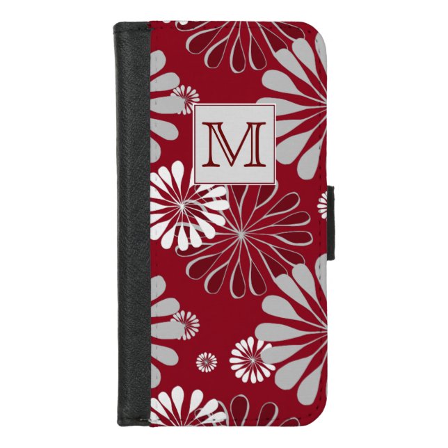 Burgundy and Grey Floral Monogram iPhone Wallet Case (Front)