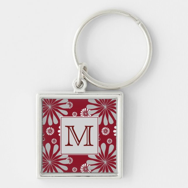 Burgundy and Grey Floral Monogram Keychain (Front)