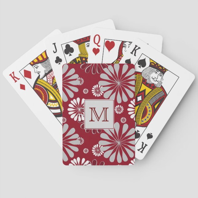 Burgundy and Grey Floral Monogram Poker Cards (Back)