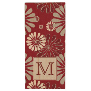 Burgundy and Grey Floral Monogram Wood Flash Drive