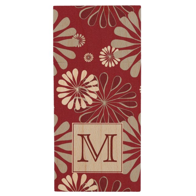 Burgundy and Grey Floral Monogram Wood Flash Drive (Front Vertical)