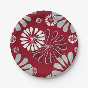 Burgundy and Grey Floral Pattern Paper Plates