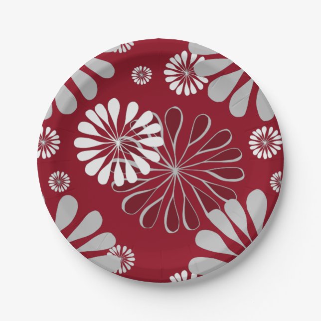 Burgundy and Grey Floral Pattern Paper Plates (Front)