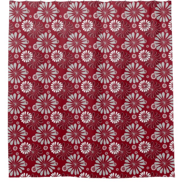 Burgundy and Grey Floral Shower Curtain (Front)