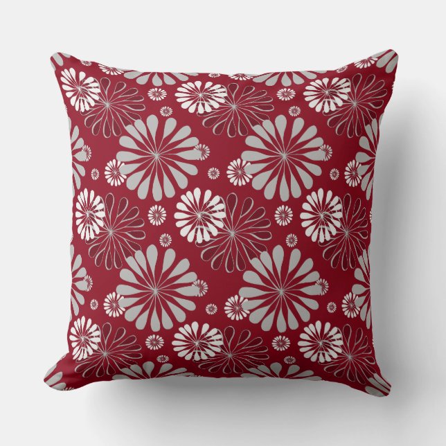 Burgundy and Grey Floral Throw Pillow (Front)
