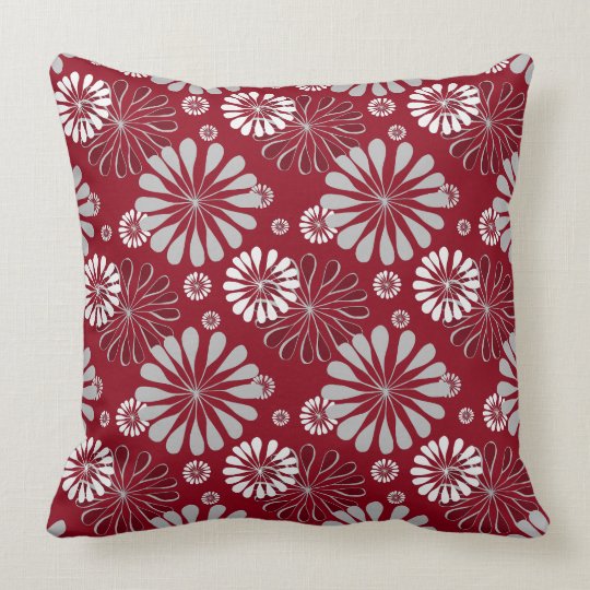 Burgundy and Grey Floral Throw Pillow