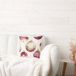 Burgundy and Ivory and Gold Christmas Ornaments Throw Pillow