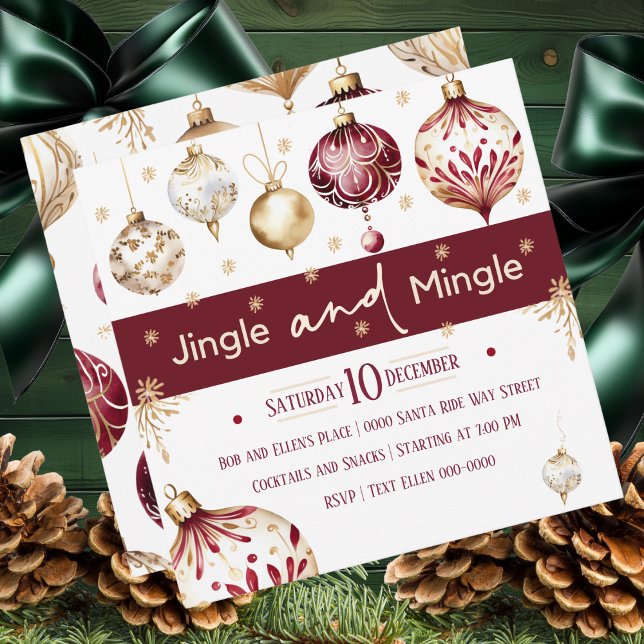 Burgundy and Ivory Jingle and Mingle Party Holiday Card (Bold burgundy baubles adorn this Jingle and Mingle holiday party invite )