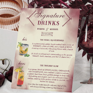 Burgundy and Ivory Retro Wedding Signature Drinks Pedestal Sign