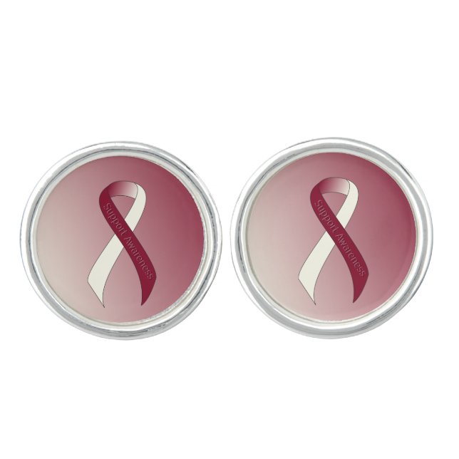 Burgundy and Ivory Ribbon Support Awareness Cufflinks (Front)
