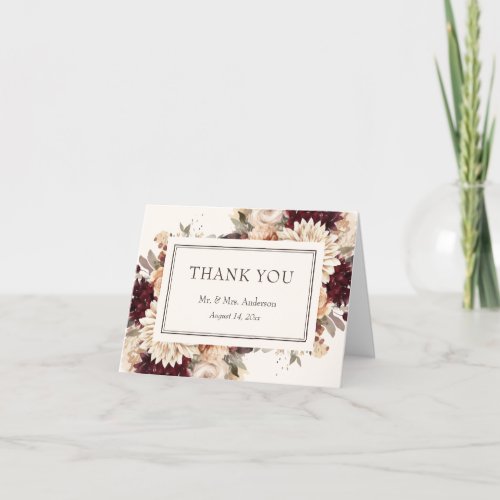 Burgundy and Ivory Watercolor Floral Wedding Thank You Card