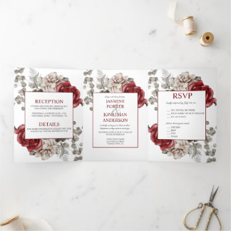 Burgundy and Ivory Watercolor Roses Wedding | Tri-Fold Invitation