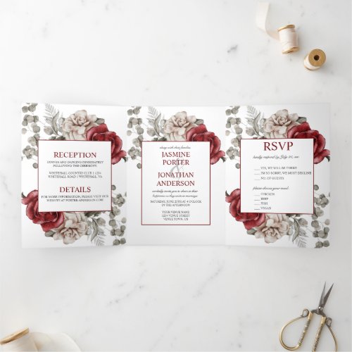 Burgundy and Ivory Watercolor Roses Wedding  Tri_Fold Invitation