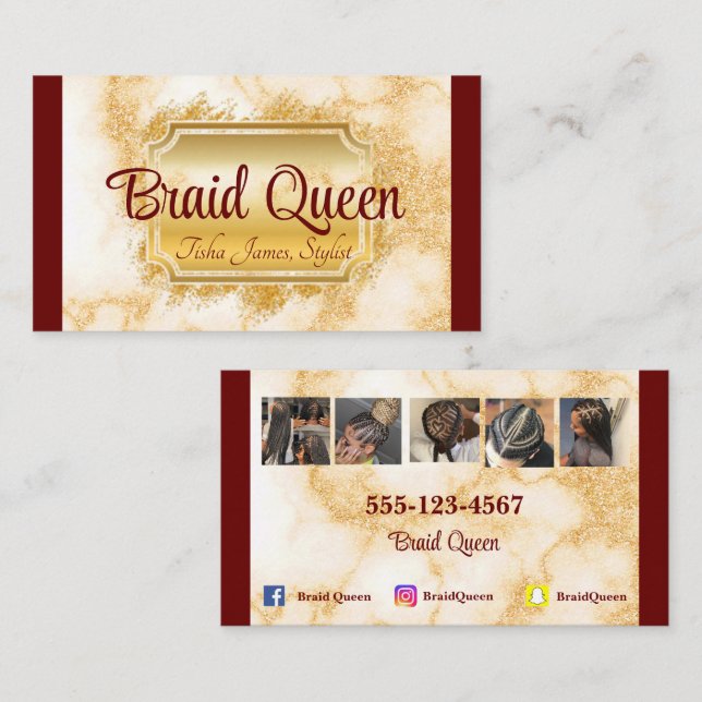 Burgundy and Marble Hair Braiding Business Card (Front/Back)