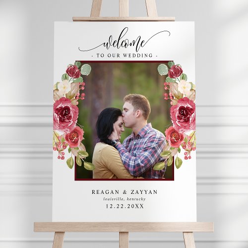 Burgundy And Merlot Floral Photo Wedding Welcome Foam Board