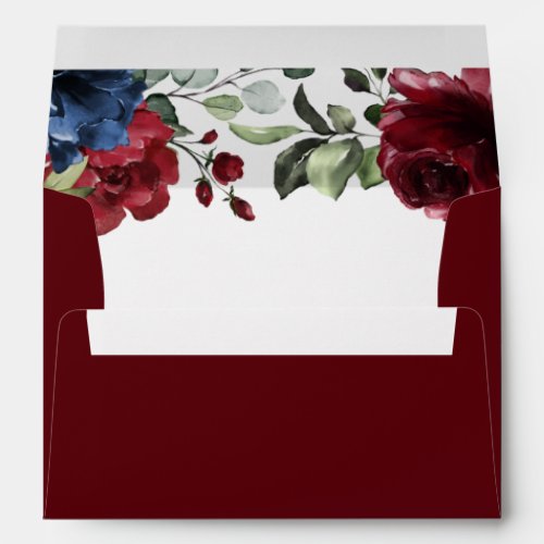 Burgundy and Navy Blue Blush Pink Floral Wedding Envelope