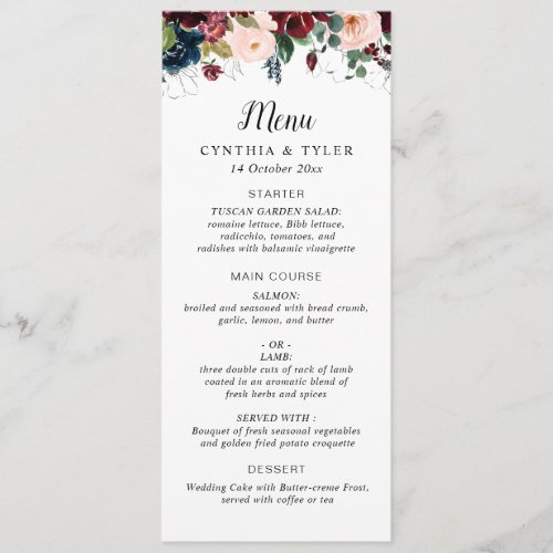 Burgundy and navy blue blush pink floral wedding menu