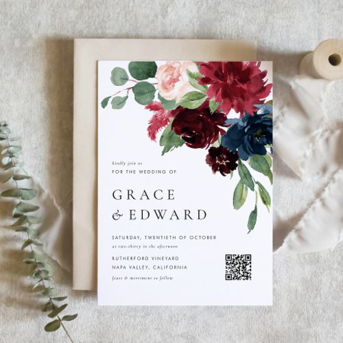 Burgundy and Navy Blue Botanical QR Code Wedding Invitation