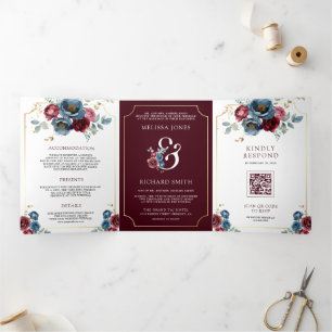 Burgundy and Navy Blue Floral Ampersand Wedding Tri-Fold Invitation