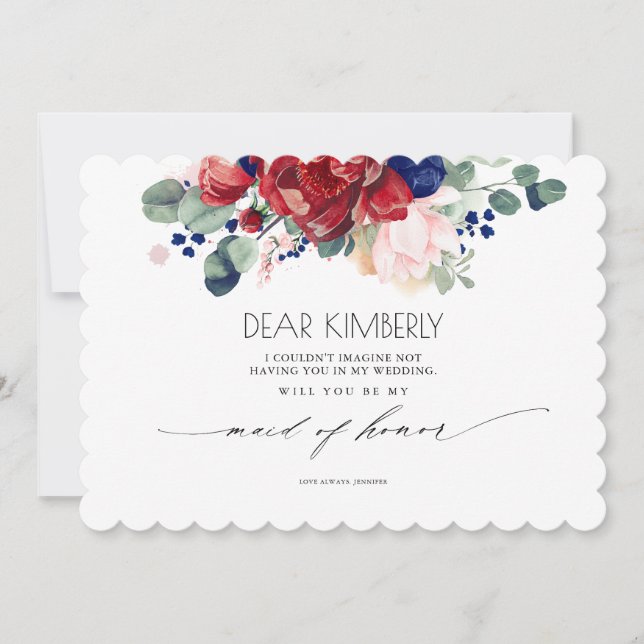Burgundy and Navy Blue Floral Be My Maid of Honor Invitation (Front)