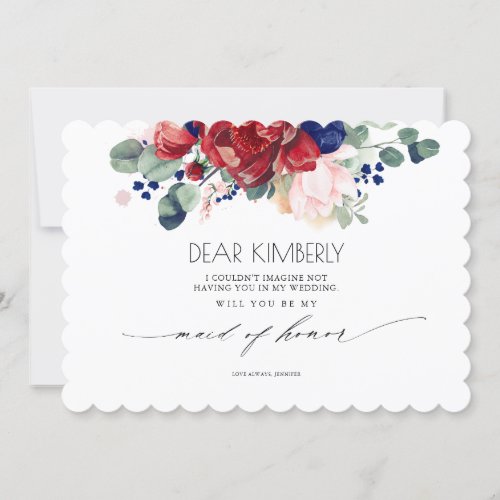 Burgundy and Navy Blue Floral Be My Maid of Honor Invitation