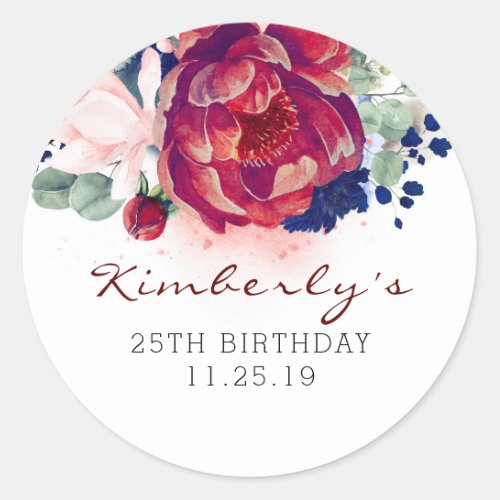 Burgundy and Navy Blue Floral Birthday Classic Round Sticker