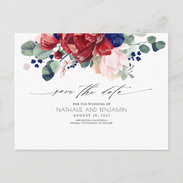 Burgundy and Navy Blue Floral Boho Save the Date Postcard (Front)