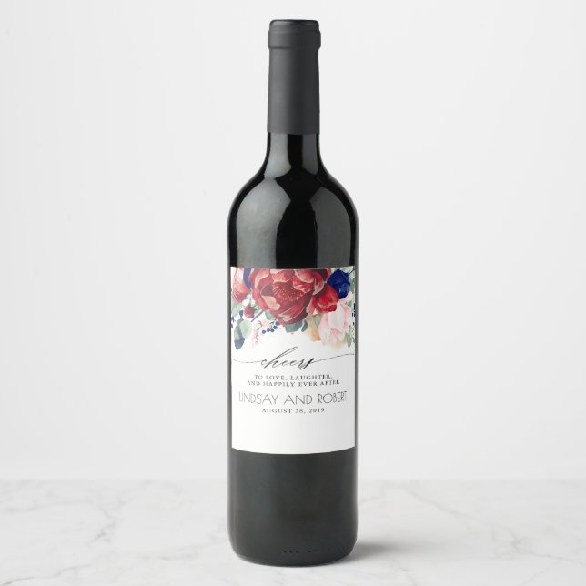 Burgundy and Navy Blue Floral Boho Wine Label (Front)