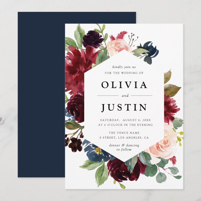 Burgundy and navy blue floral frame wedding invitation (Front/Back)