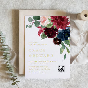 Burgundy and Navy Blue Floral QR Code Wedding Foil Invitation