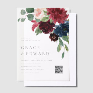 Burgundy and Navy Blue Floral QR Code Wedding Vellum Invitations
