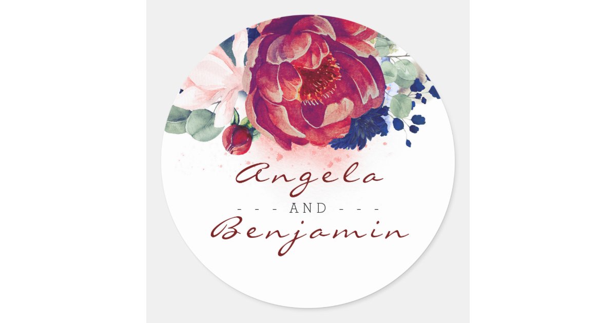 Burgundy and Navy Blue Floral Wedding Classic Round Sticker | Zazzle