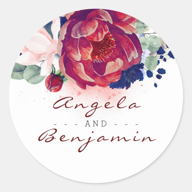 Burgundy and Navy Blue Floral Wedding Classic Round Sticker (Front)