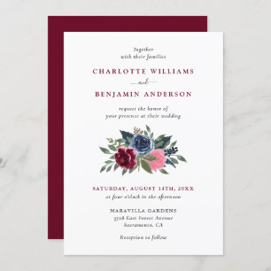 Burgundy and Navy Blue Floral Wedding Invitations