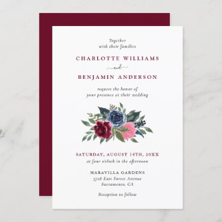 Burgundy and Navy Blue Floral Wedding Invitations