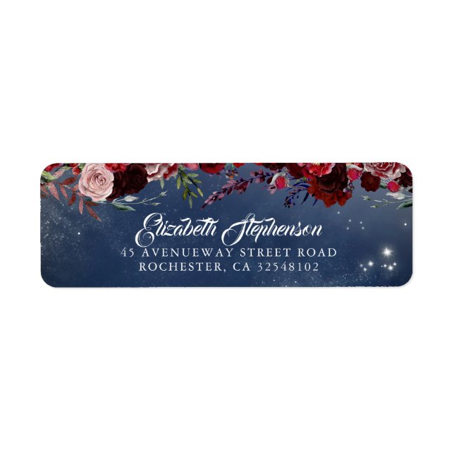 Burgundy and Navy Blue Floral Wedding Label (Front)