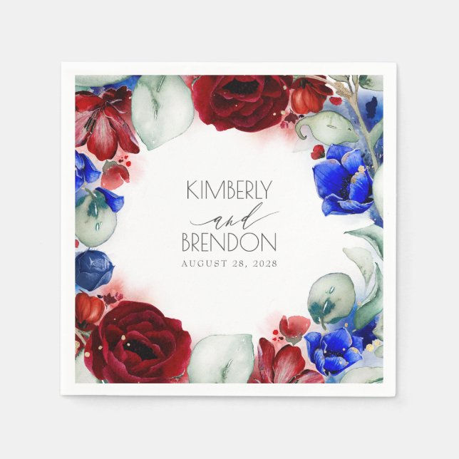 Burgundy and Navy Blue Floral Wedding Napkins (Front)