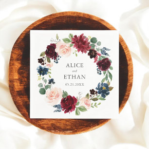 Burgundy And Navy Blue Floral Wedding Napkins