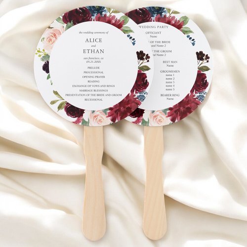 Burgundy And Navy Blue Floral Wedding Program Hand Fan