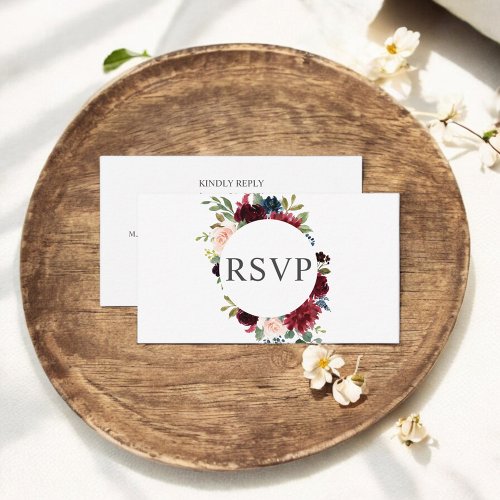 Burgundy And Navy Blue Floral Wedding RSVP Enclosure Card