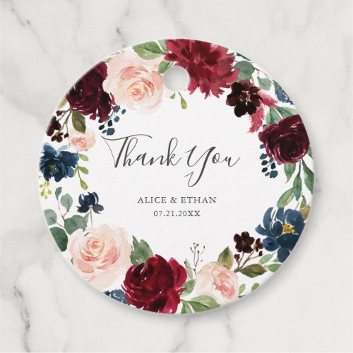 Burgundy And Navy Blue Floral Wedding Thank You Favor Tags