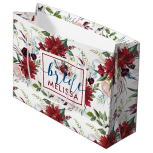 Burgundy and navy-blue flowers pattern large gift bag