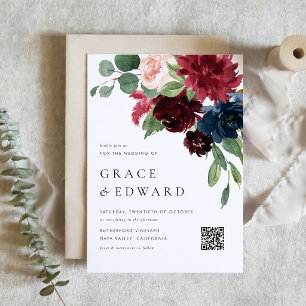 Burgundy and Navy Blue Flowers QR Code Wedding Magnetic Invitation