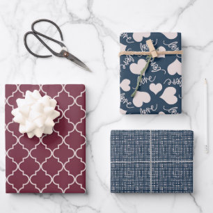 Burgundy and Navy blue Valentine's Patterns Wrapping Paper Sheets
